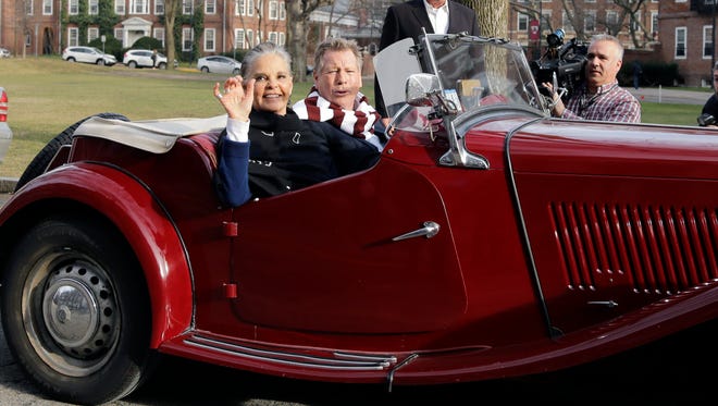 Ali MacGraw and Ryan O'Neal drove an antique MG convertible to Harvard University in Cambridge, Mass., on Feb. 1, 2016, more than 45 years after the their 1970 classic 'Love Story.'
