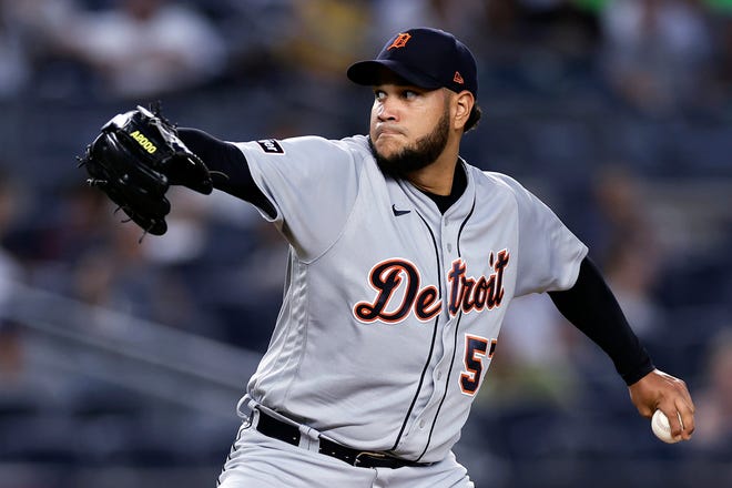 Detroit Tigers starting pitcher Eduardo Rodriguez throws to a New York Yankees batter during the first inning of a baseball game Sept. 7, 2023, in New York.