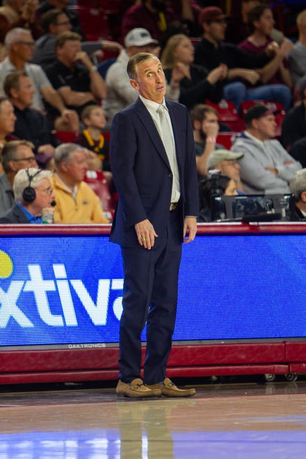 ASU's basketball head coach Bobby Hurley reacts to a call at Desert Financial Arena in Tempe on Dec. 6, 2023.