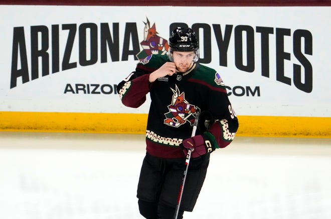 Arizona Coyotes defenseman J.J. Moser (90) prepares to play the Philadelphia Flyers in the first period at Mullett Arena.
