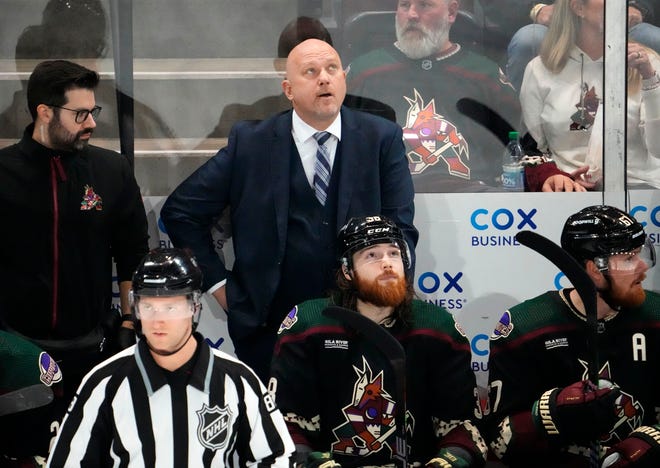 Arizona Coyotes head coach AndrŽ Tourigny reacts after the Philadelphia Flyers scored in the third period at Mullett Arena.